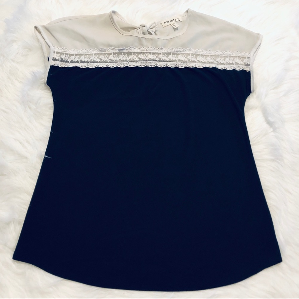 Navy Blue & White Lace Blouse